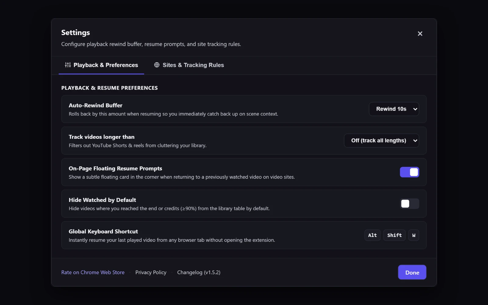 Settings panel showing the auto-rewind options