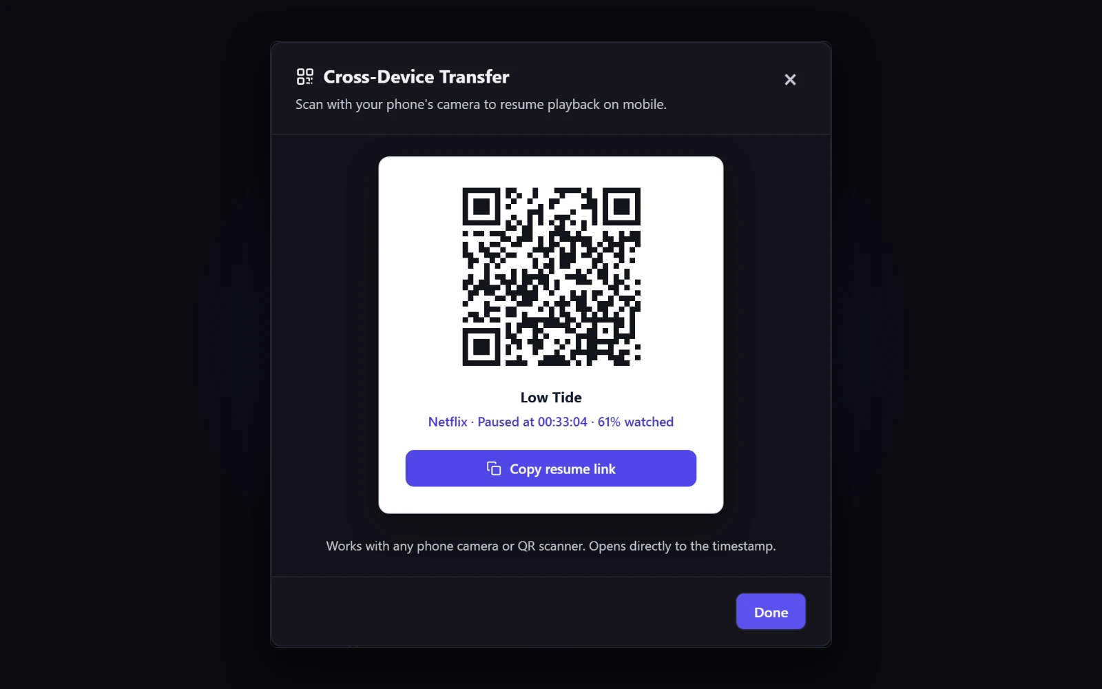 QR code dialog for opening a video on a phone at the saved time